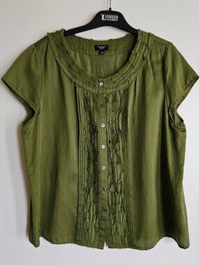 Talbots Silk Cotton Pintucked Olive Green Blouse 14P